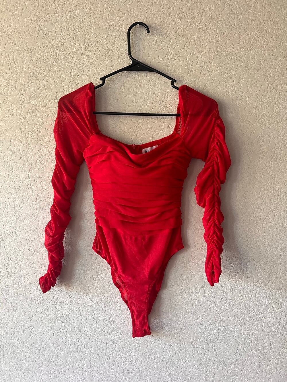 Princess Polly Delaney Red Ruched Mesh Long Sleeve Bodysuit